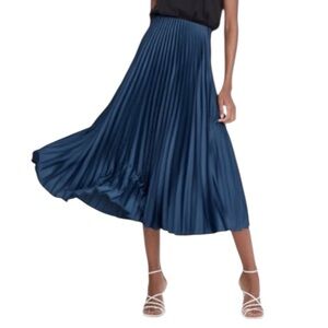 Zara Sz M Petrol Blue Pleated Satin Finish Full Midi Skirt